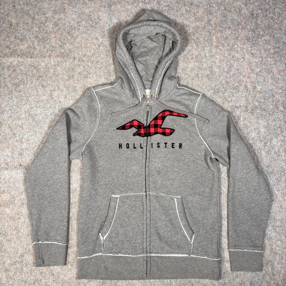 Hollister Full Zip Hoodie Mens Medium Gray Plaid Logo Raw Seam Sweatshirt NEW